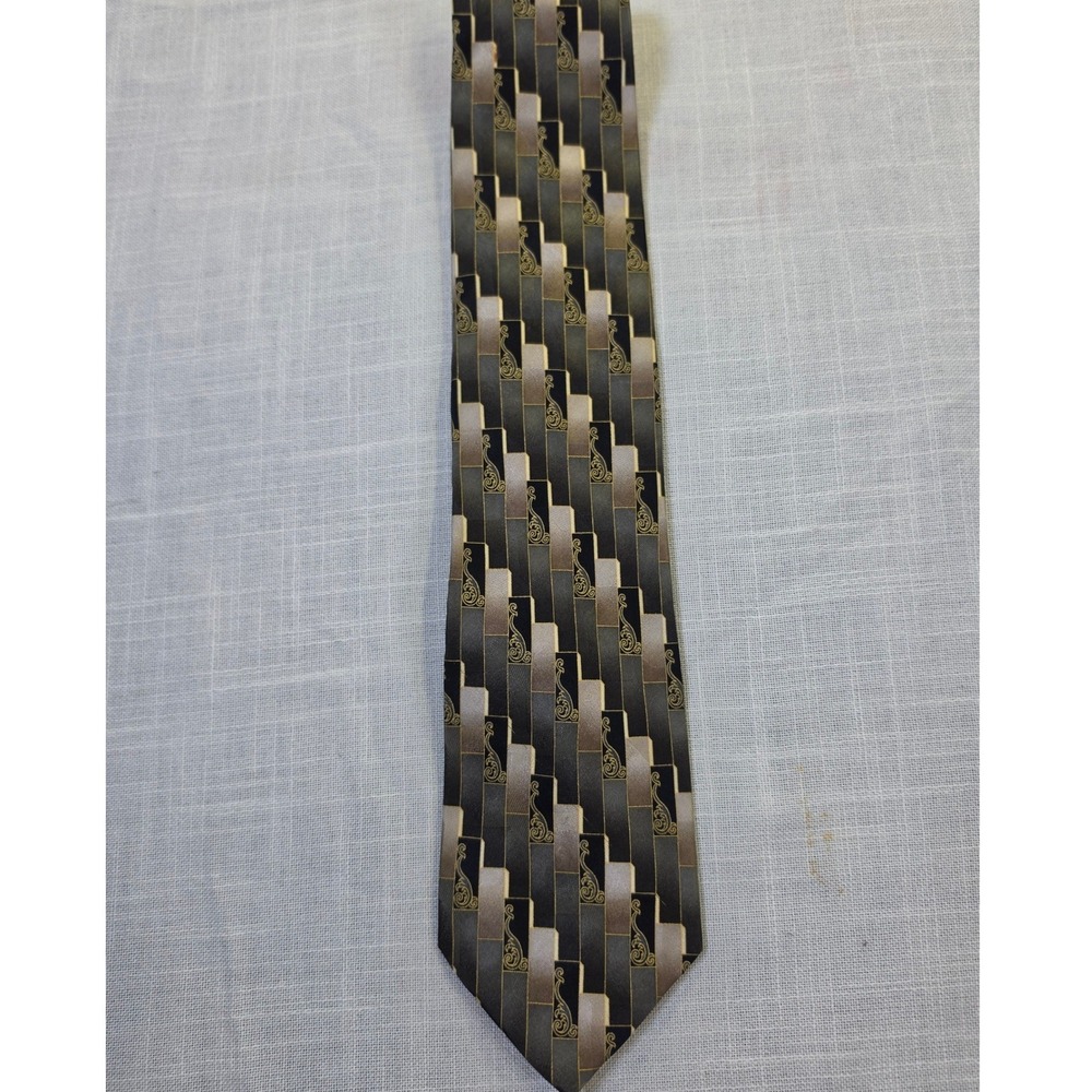 DiMoggio Mens Silk Tie Black Gold Grey Geometric Filigree Handmade Necktie